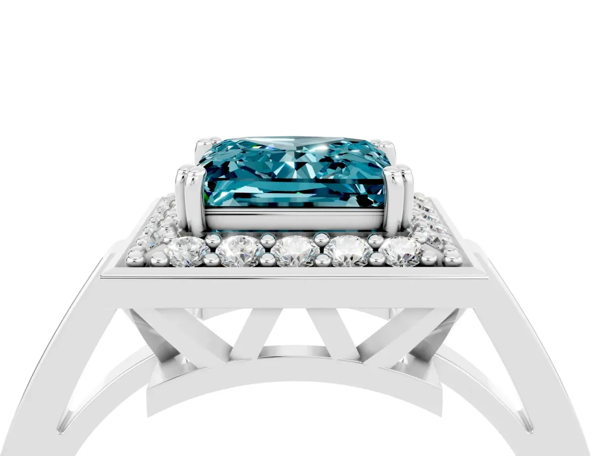 Princess Cut Blue Topaz Halo Ring with Split Shank and Four-Prong Setting Platinum
