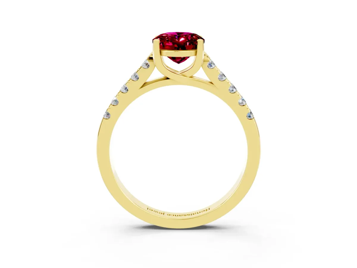 Oval Cut Garnet Pavé Band Solitaire Ring with Prong Setting Yellow gold
