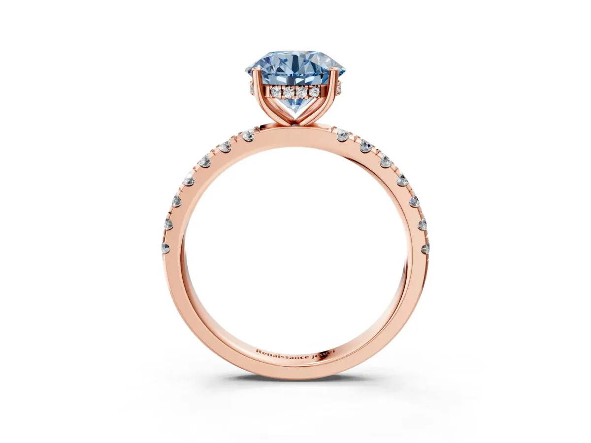 Fancy Blue Round Cut Diamond Pave Band Solitaire Ring with Round and Prong Setting Rose gold