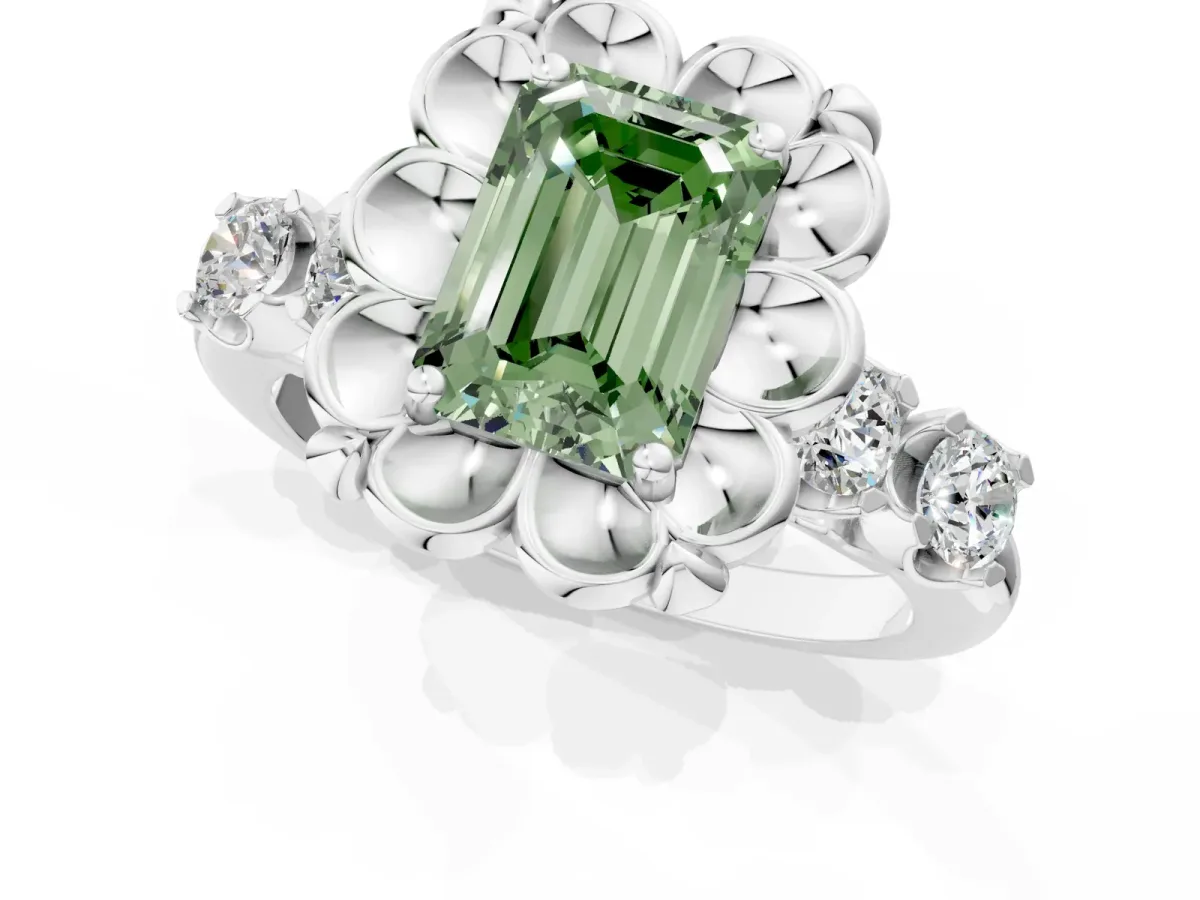 Fancy Green Emerald Cut Cut Diamond Floral Halo Engagement Ring with Shared Prong Setting Silver