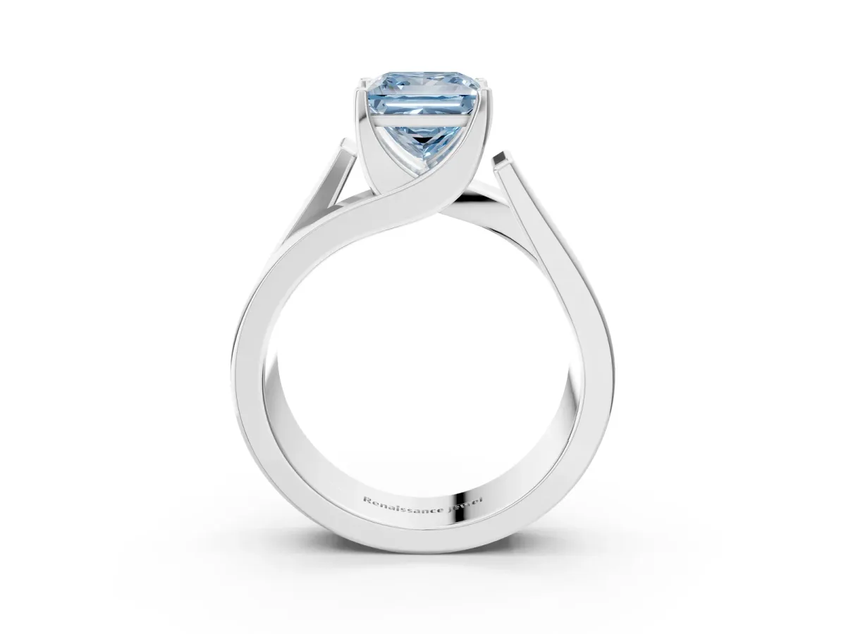 Fancy Blue Modern Tension Set Princess Cut Diamond Solitaire Wide Band Ring Silver