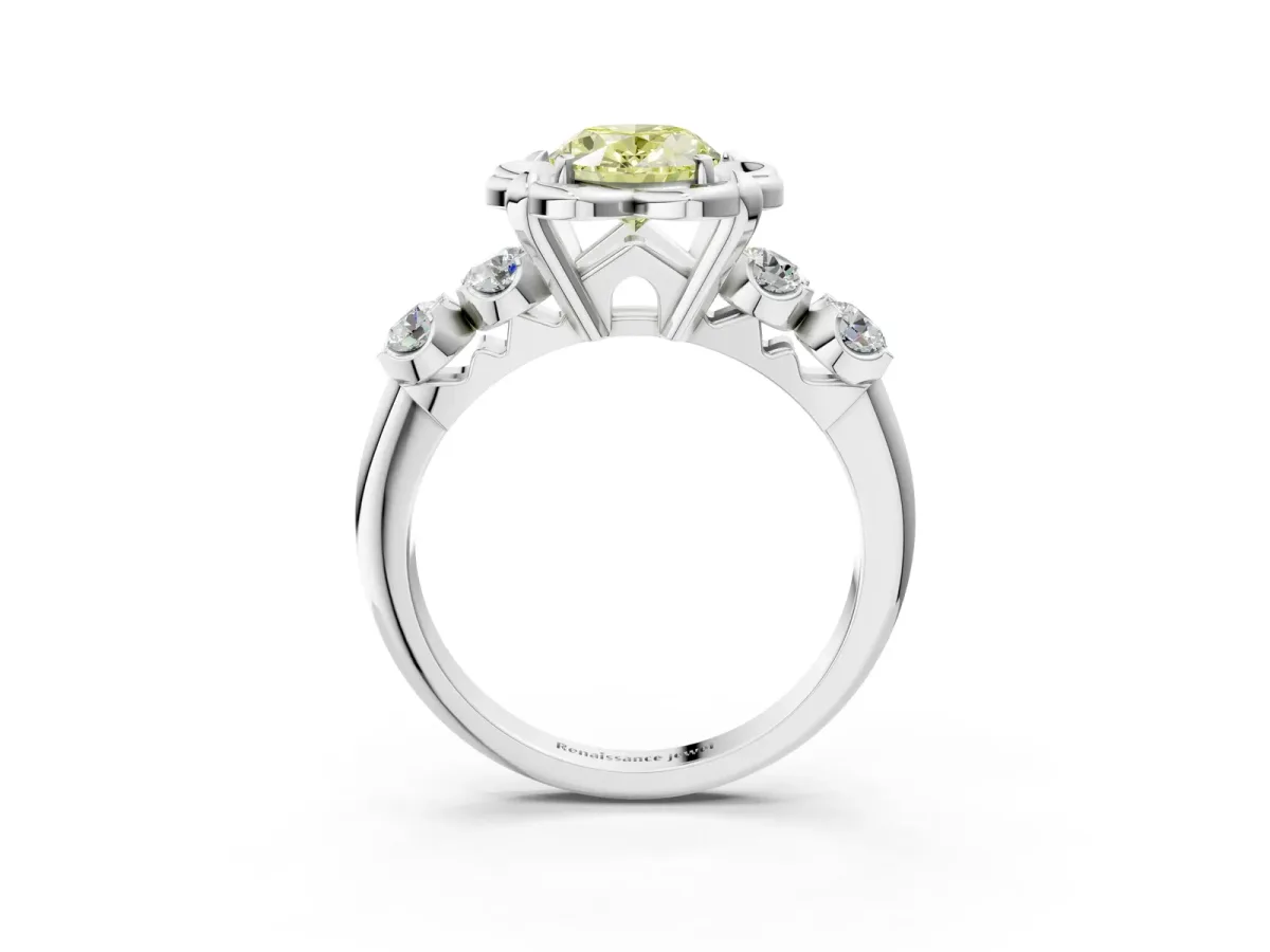 Fancy Yellow Oval Cut Cut Diamond Floral Halo Engagement Ring with Shared Prong Setting Silver