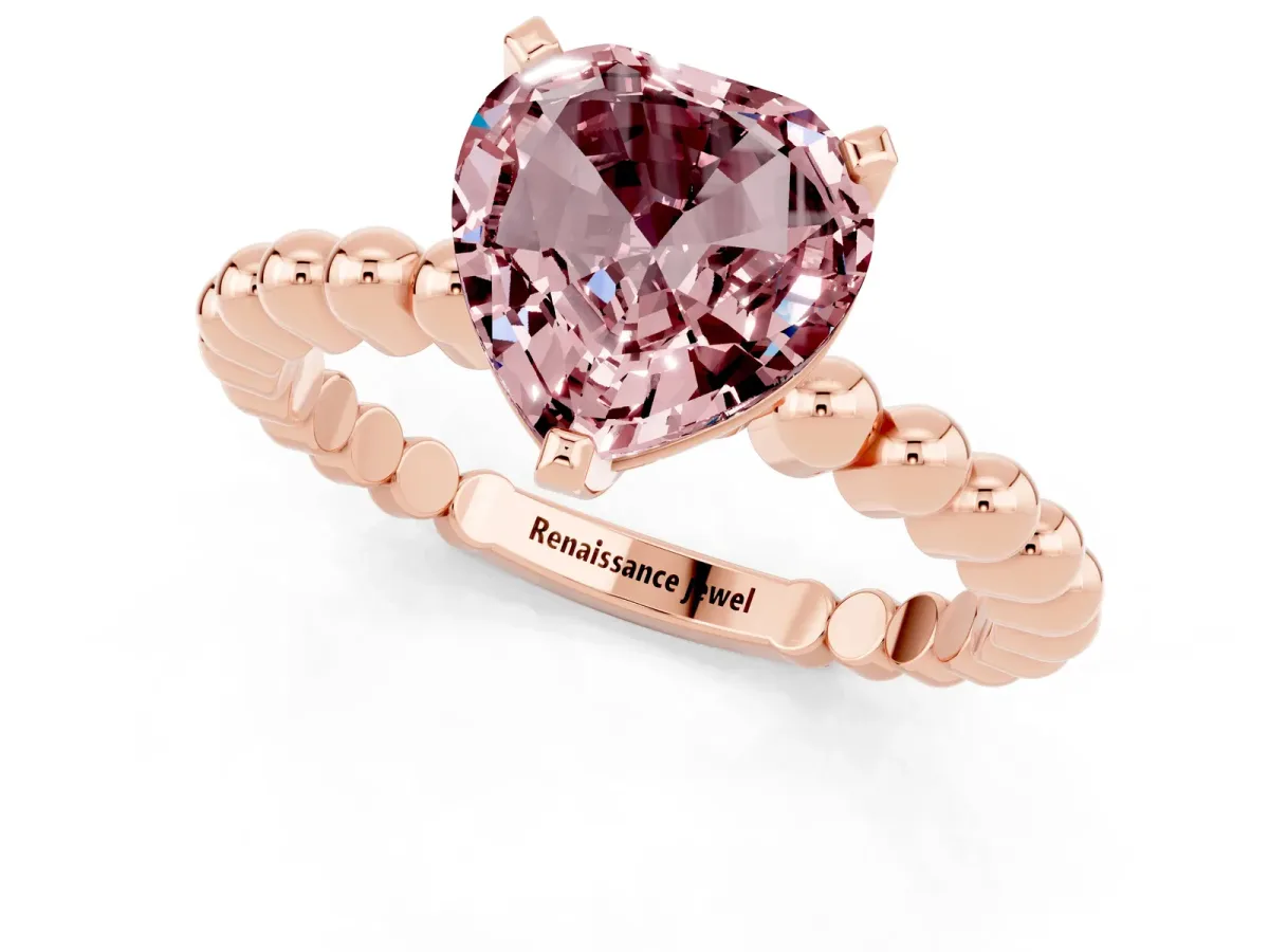 Heart Cut Morganite Solitaire Ring with Beaded Band and Prong Setting Rose gold