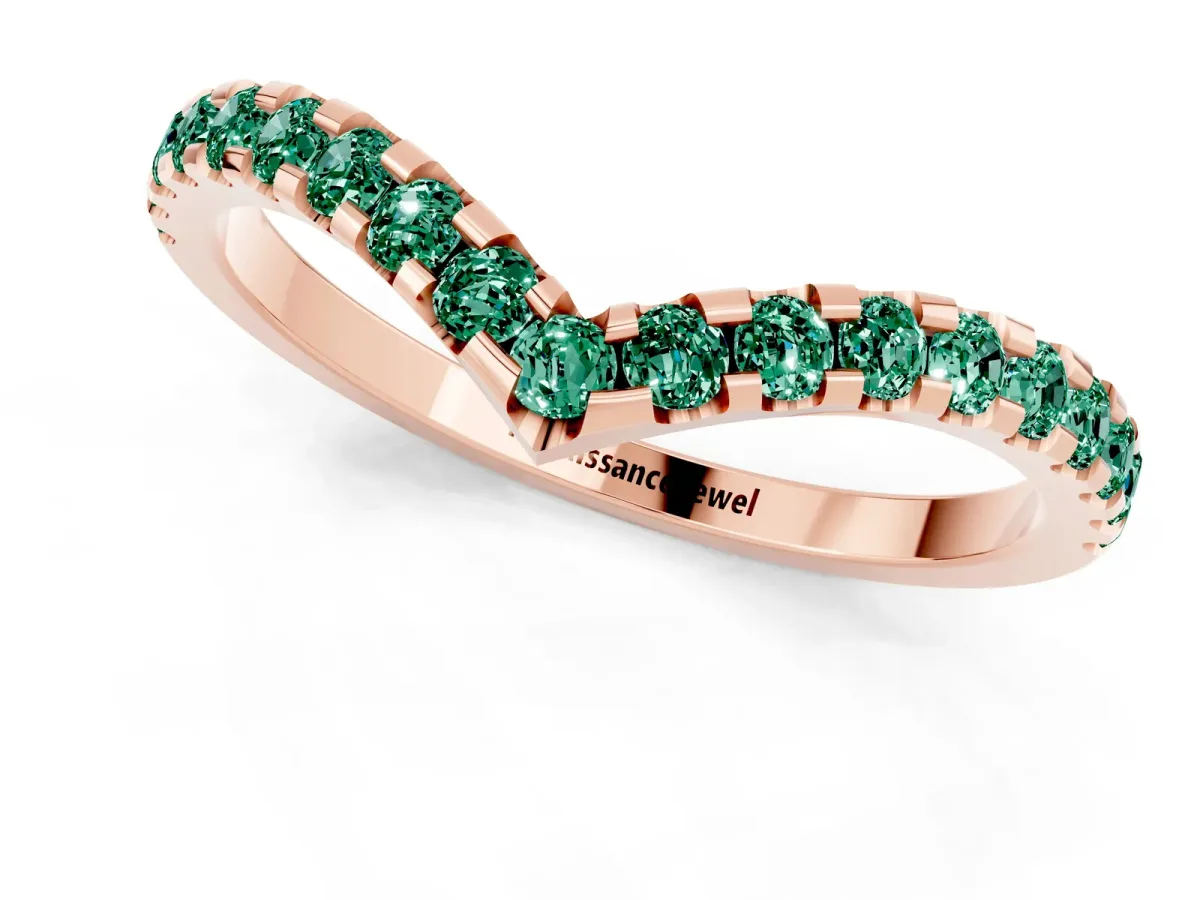 Pavé Round Green Sapphire Chevron Band with Shared Prong Setting Rose gold