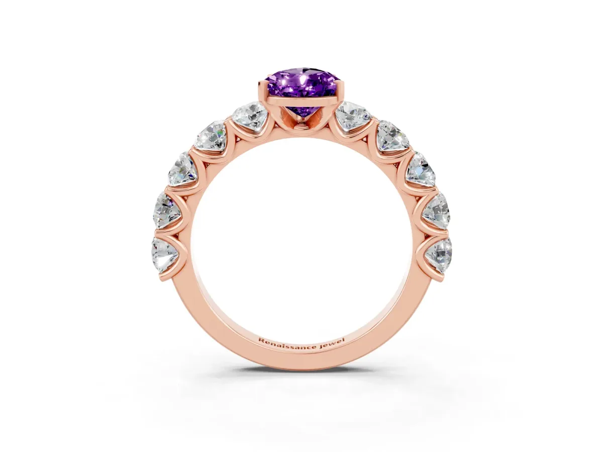 Pear Cut Amethyst Prong Setting with Side Stones on a Pave Band Rose gold