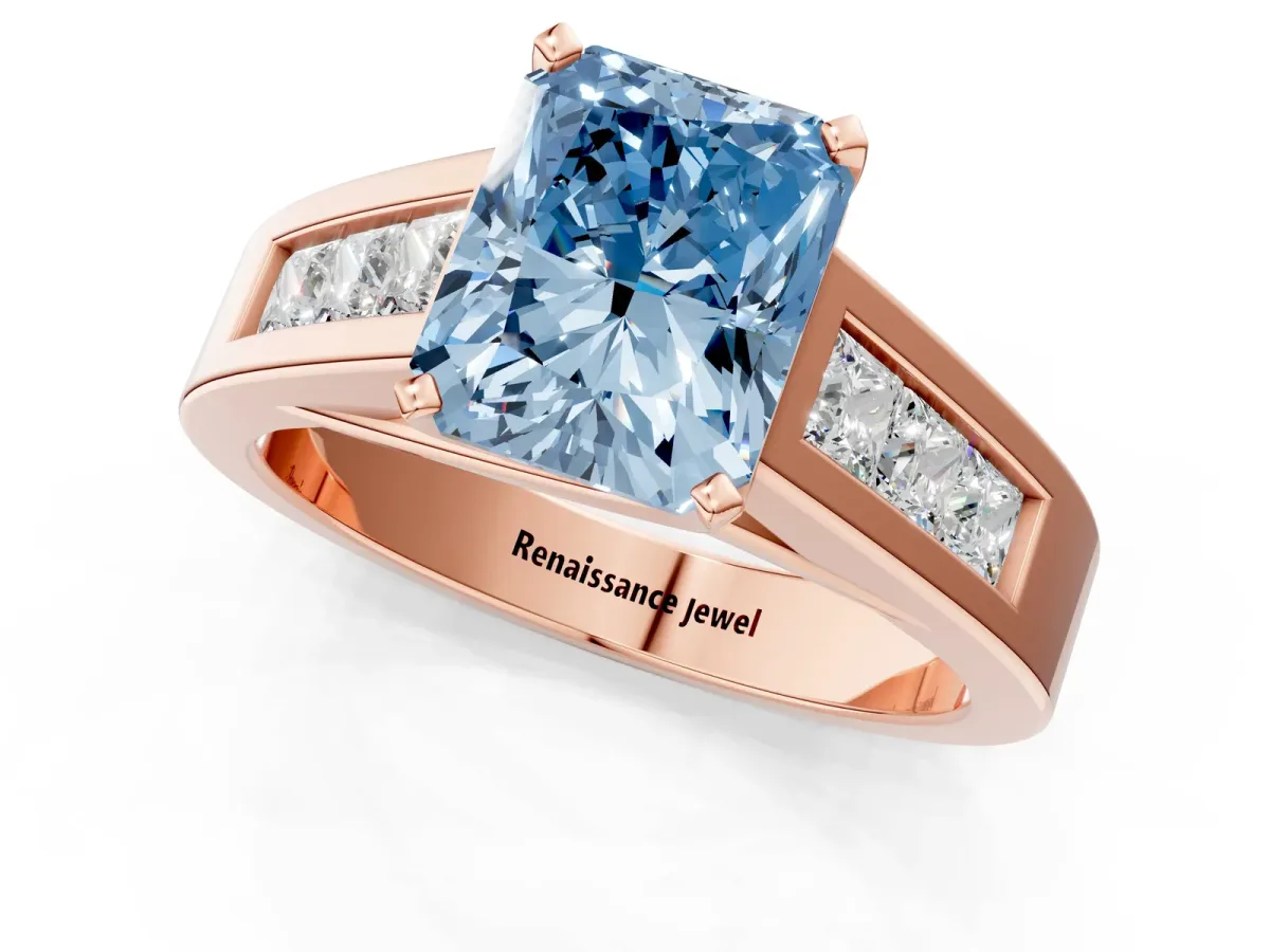 Fancy Blue Radiant Cut Cut Channel Set Solitaire Ring with Four-Prong Setting Rose gold