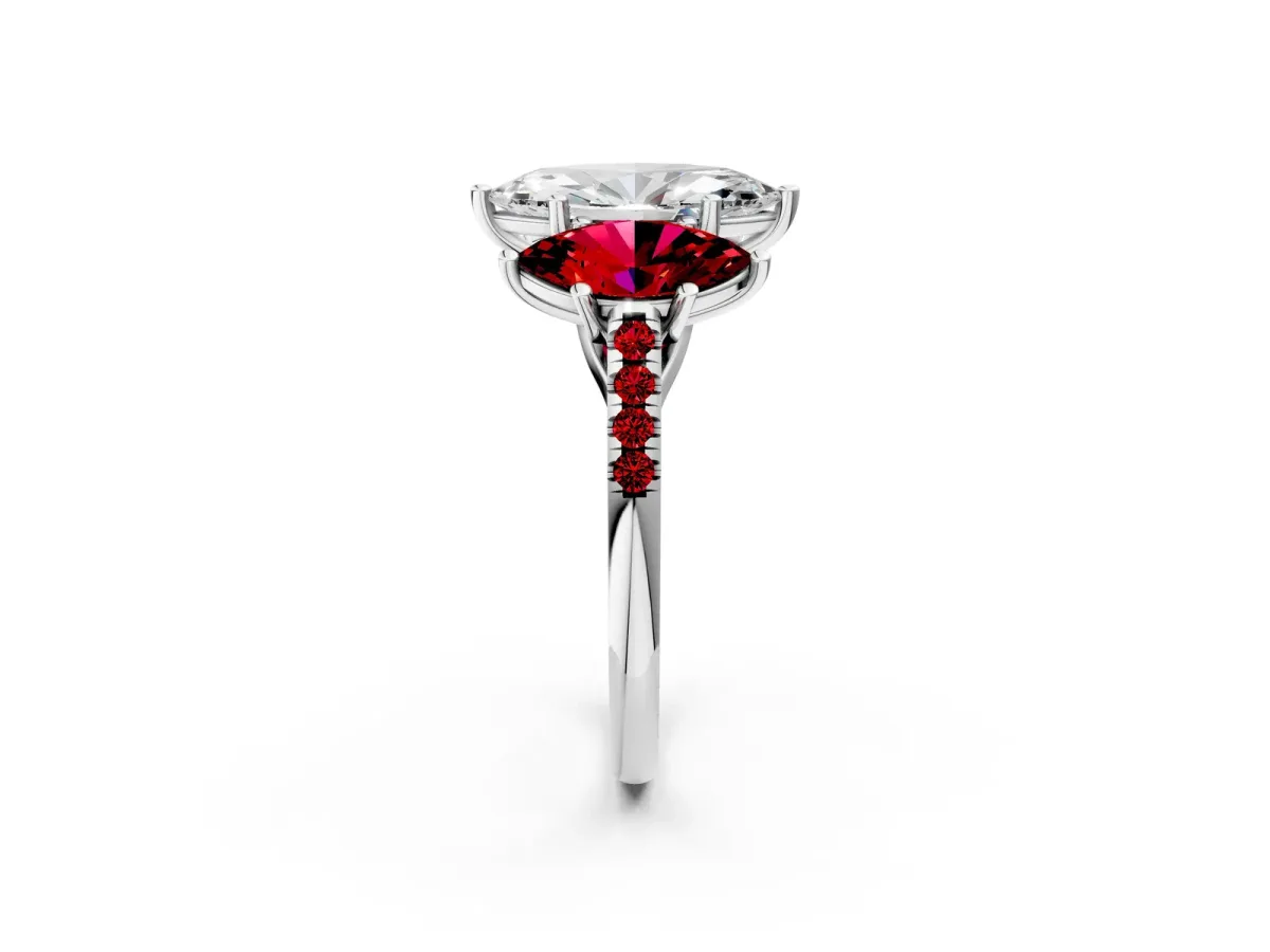 Three-Stone Marquise Cut Diamond Ring with Round Ruby Pavé Band and Prong Setting Platinum