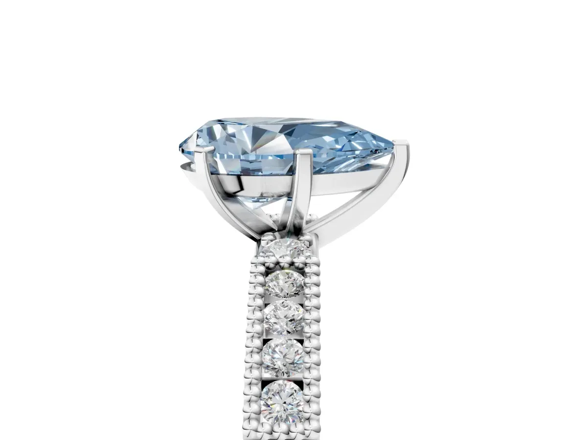 Fancy Blue Pear Cut Solitaire with Pavé Band and Four-Prong Setting Platinum