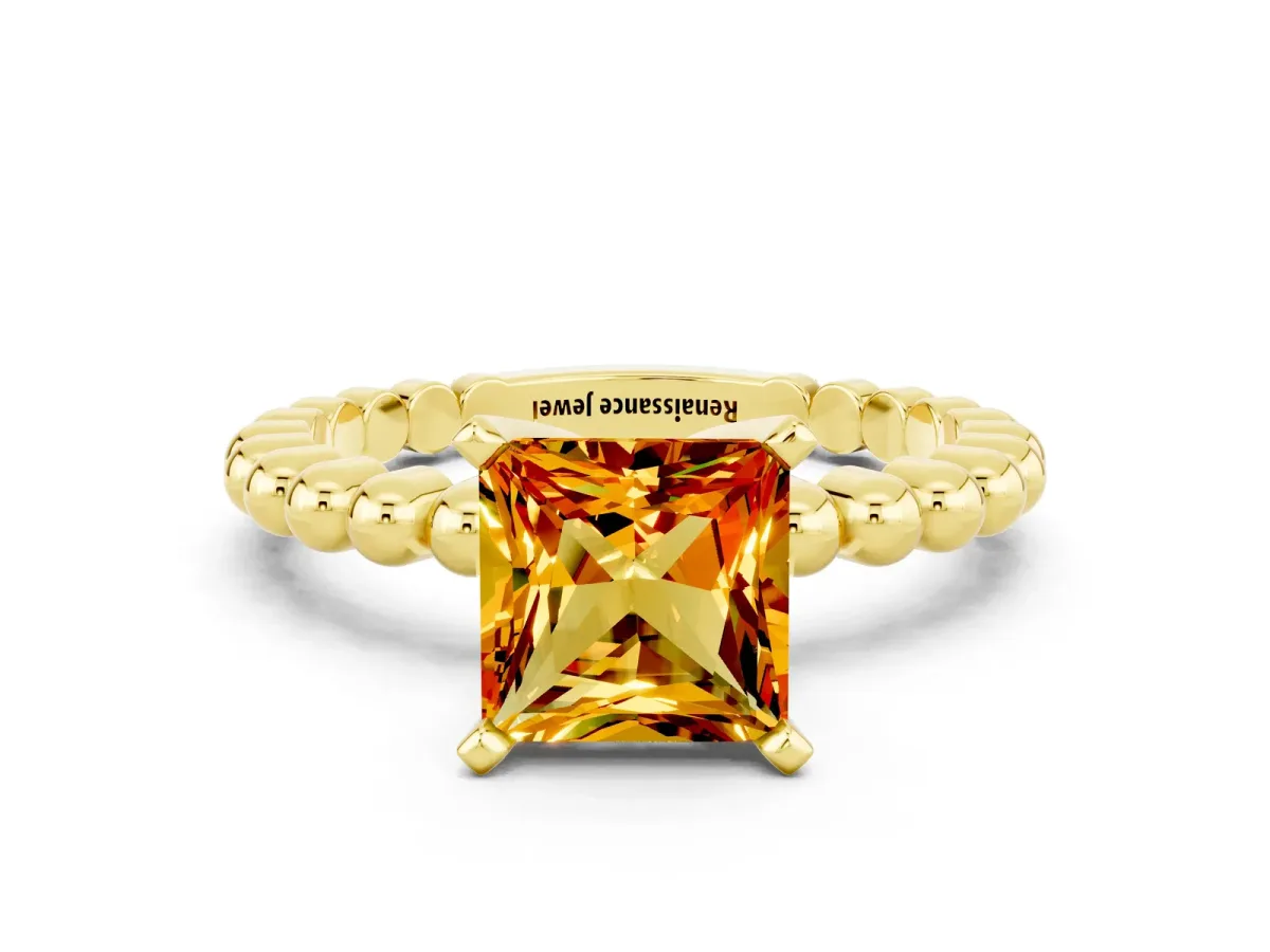 Princess Cut Citrine Solitaire Ring with Beaded Band and Prong Setting Yellow gold