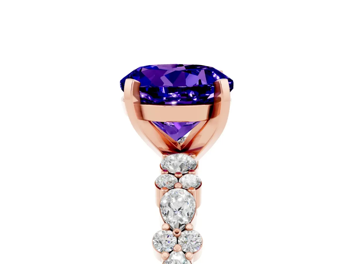 Round Cut Tanzanite Side Stone Solitaire Ring with Round and Four-Prong Setting Rose gold