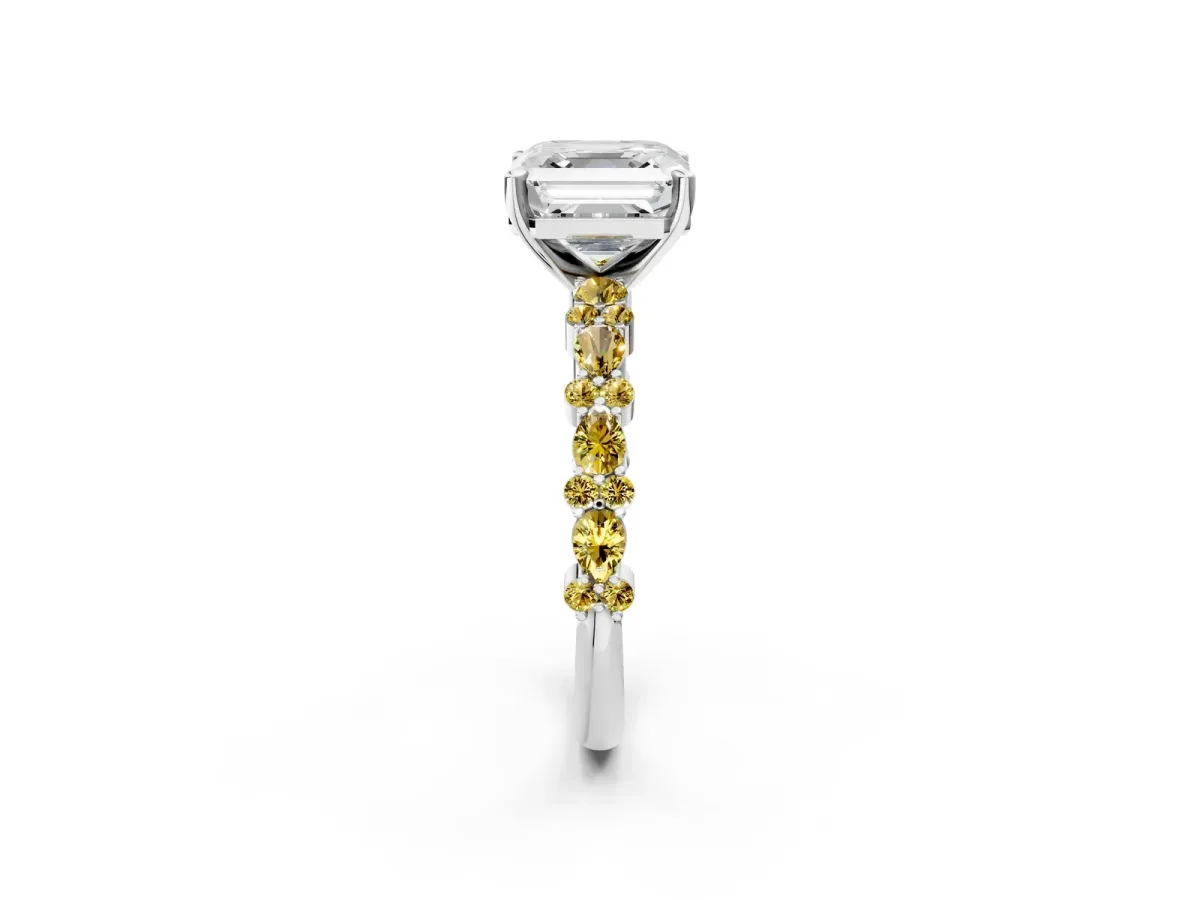 Asscher Cut Diamond Side Stone Solitaire Ring with Round Yellow Sapphire and Four-Prong Setting Platinum