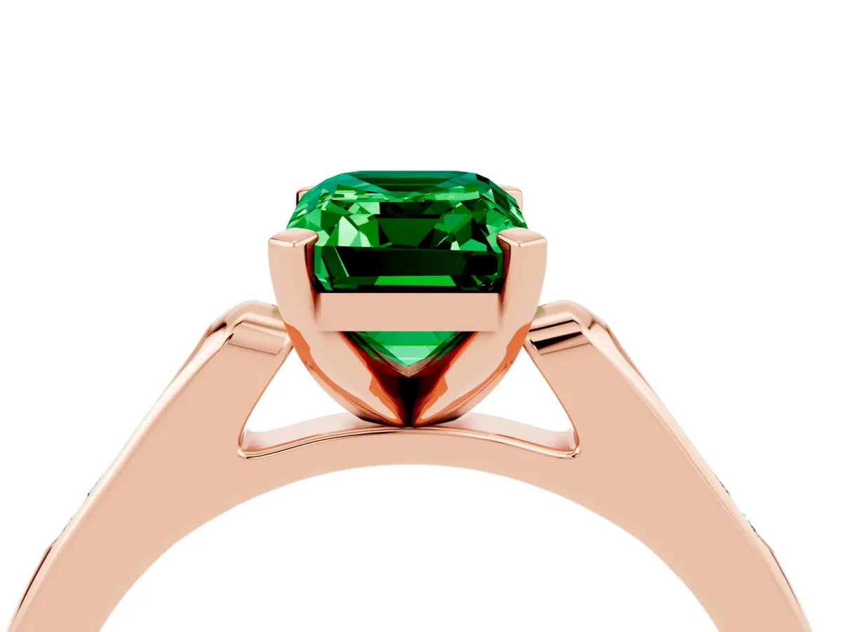Emerald Cut Emerald Solitaire Ring with Channel Set Round Band and Prong Setting Rose gold