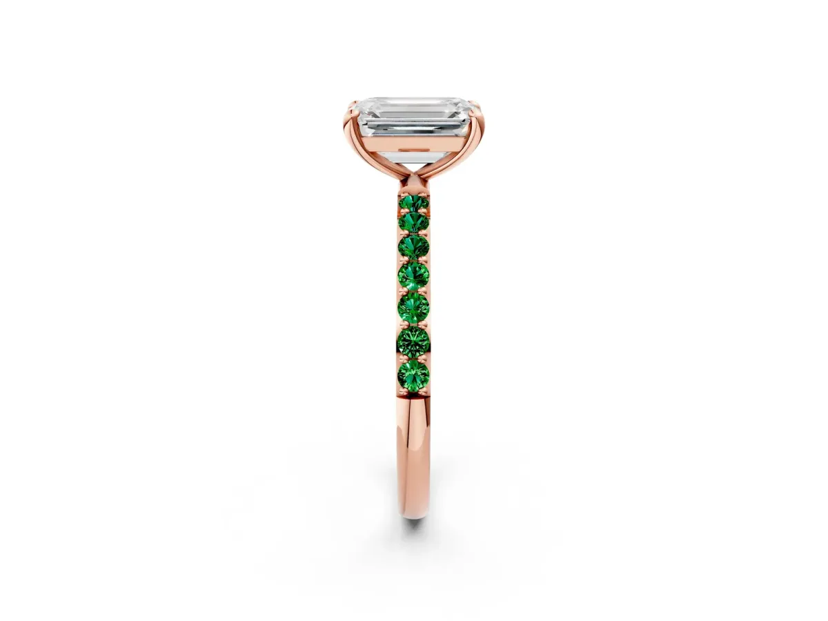 Emerald Cut Diamond Solitaire Ring with Round Emerald Pavé Band and Prong Setting Rose gold