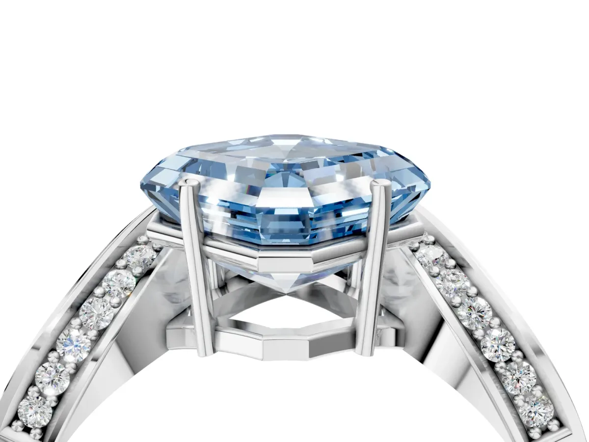 Fancy Blue Asscher Cut Solitaire Diamond Engagement Ring with Pave Band and Four-Prong Setting Silver