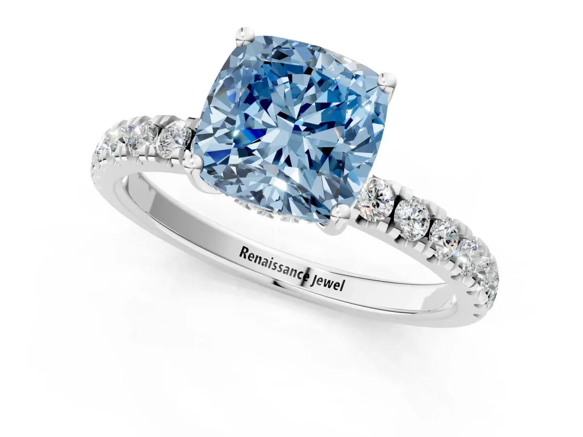 Fancy Blue Cushion Cut Diamond Pave Band Solitaire Ring with Round and Prong Setting Silver