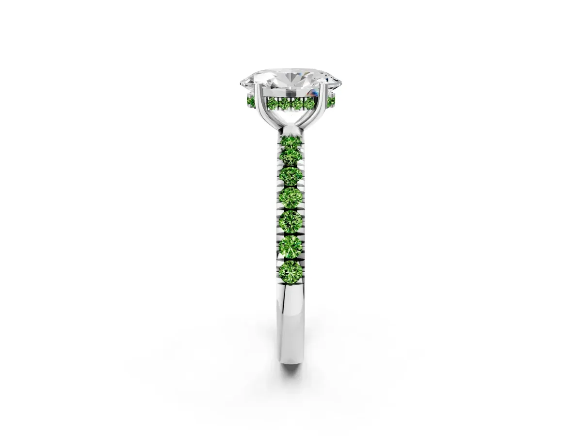 Oval Cut Diamond Pave Band Solitaire Ring with Round Peridot and Prong Setting Platinum