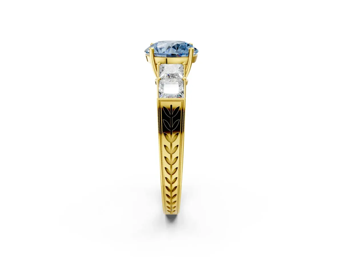 Fancy Blue Round Cut Solitaire Princess Side Stone Engraved Band Prong Setting Ring Yellow gold