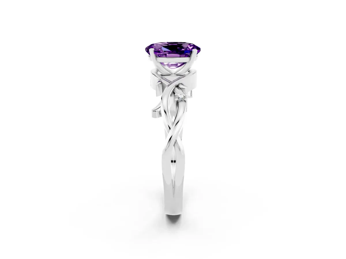 Oval Cut Amethyst Solitaire Ring with Twisted Band and Prong Setting White gold