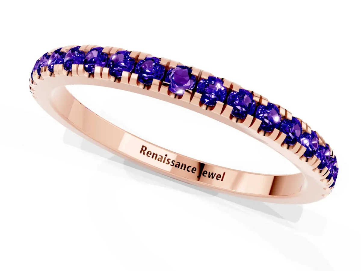Pavé Round Tanzanite Half Eternity Band with Shared Prong Setting Rose gold
