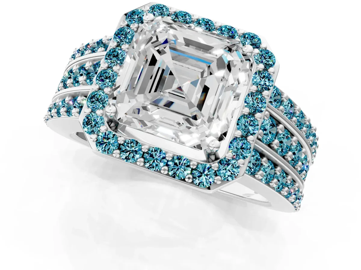 Asscher Cut Halo Diamond Ring with Round Blue Topaz Split Shank and Prong Setting Silver
