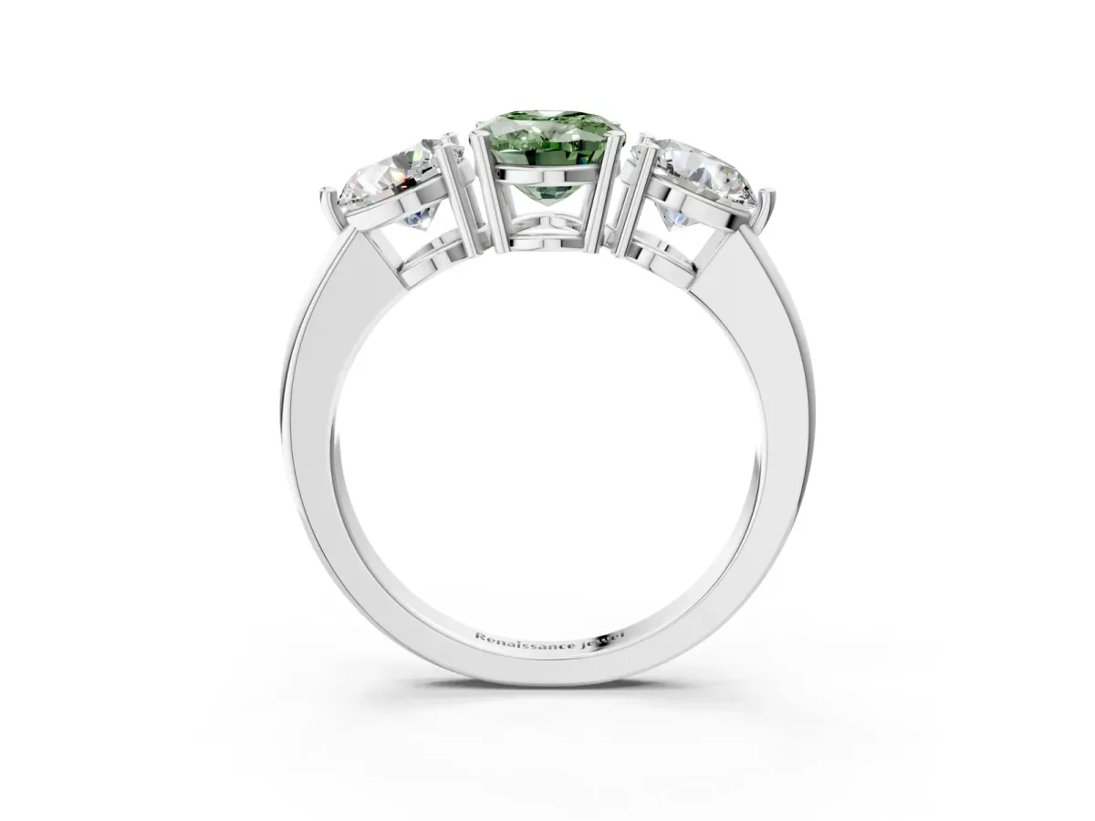 Fancy Green Oval Cut Diamond Three-Stone Ring with Prong Setting and Classic Band White gold