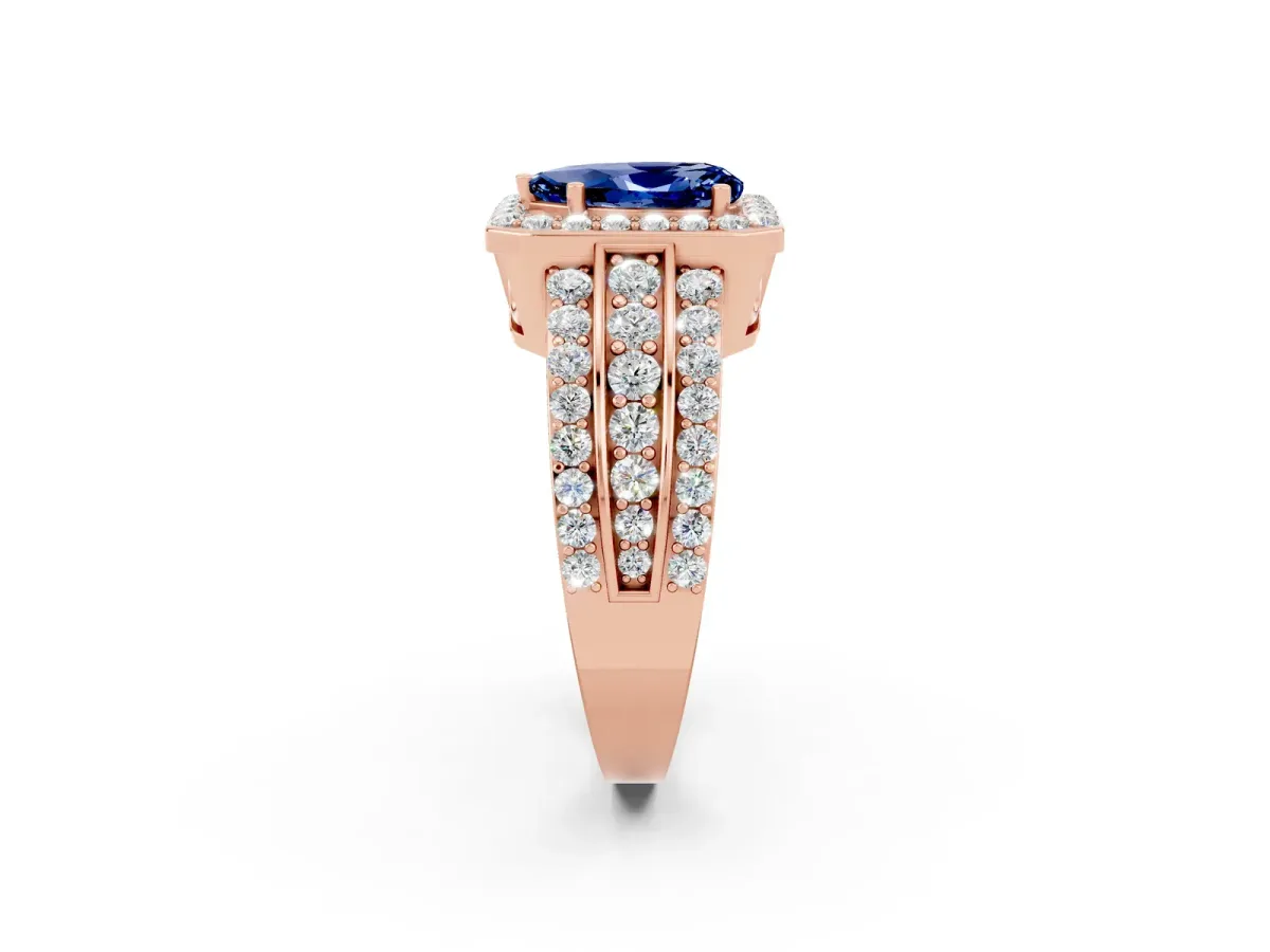 Pear Cut Halo Blue Sapphire Ring with Round Split Shank and Prong Setting Rose gold