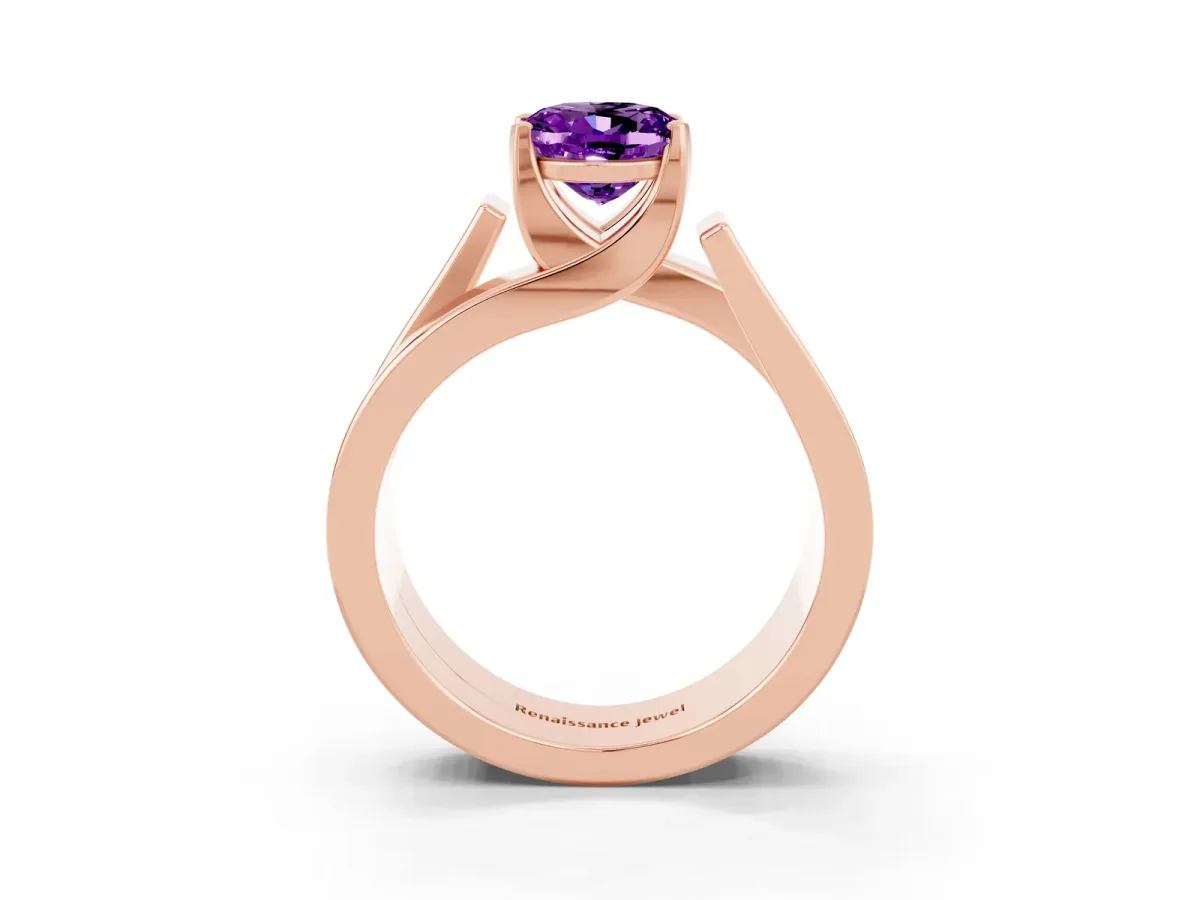 Modern Tension Set Oval Cut Amethyst Solitaire Wide Band Ring Rose gold