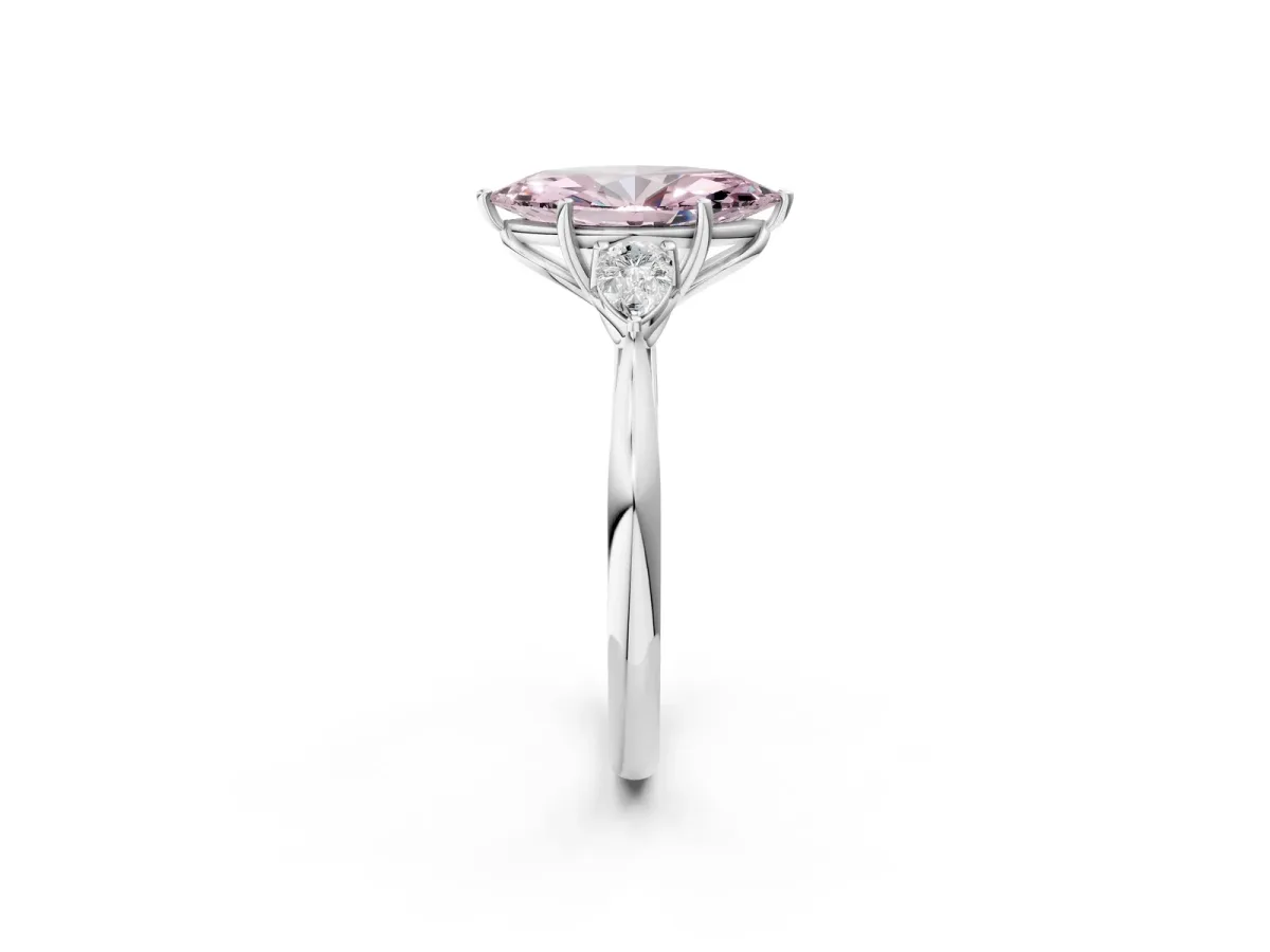 Fancy Pink Marquise Cut Diamond Three-Stone Ring with Pear Side Stones and Prong Setting White gold