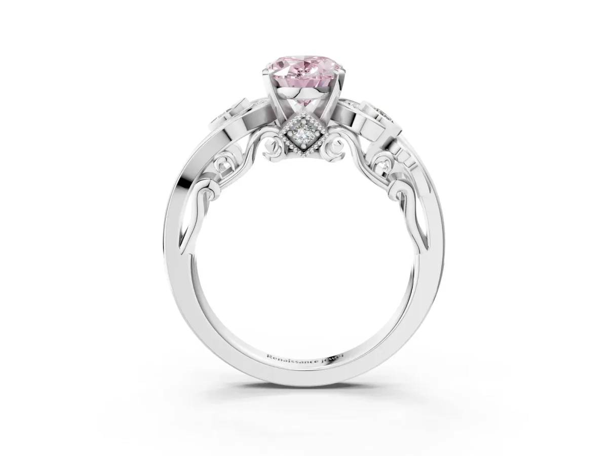 Fancy Pink Oval Cut Diamond Solitaire Ring with Milgrain Pavé Band and Four-Prong Setting Silver