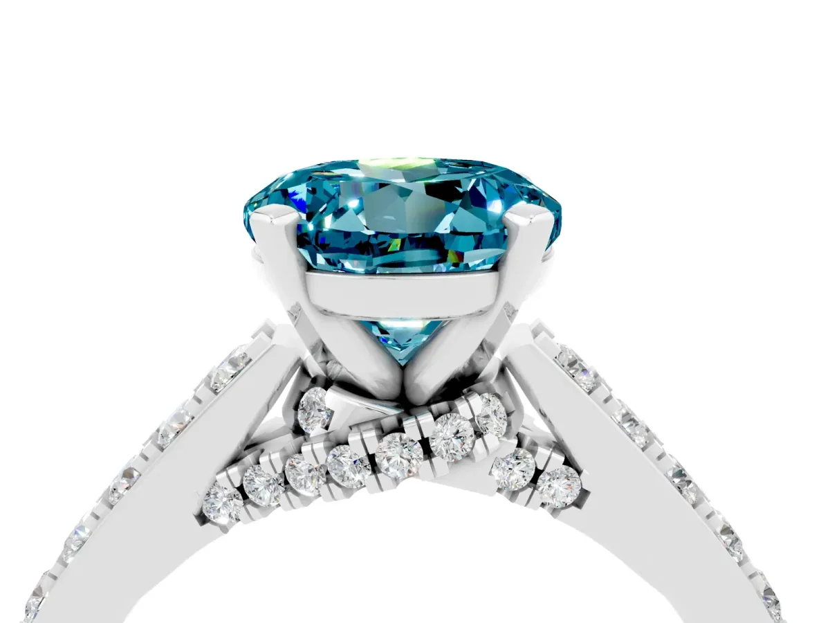 Round Cut Blue Topaz Solitaire Ring with Crossover Gallery and Round Pavé Band Silver