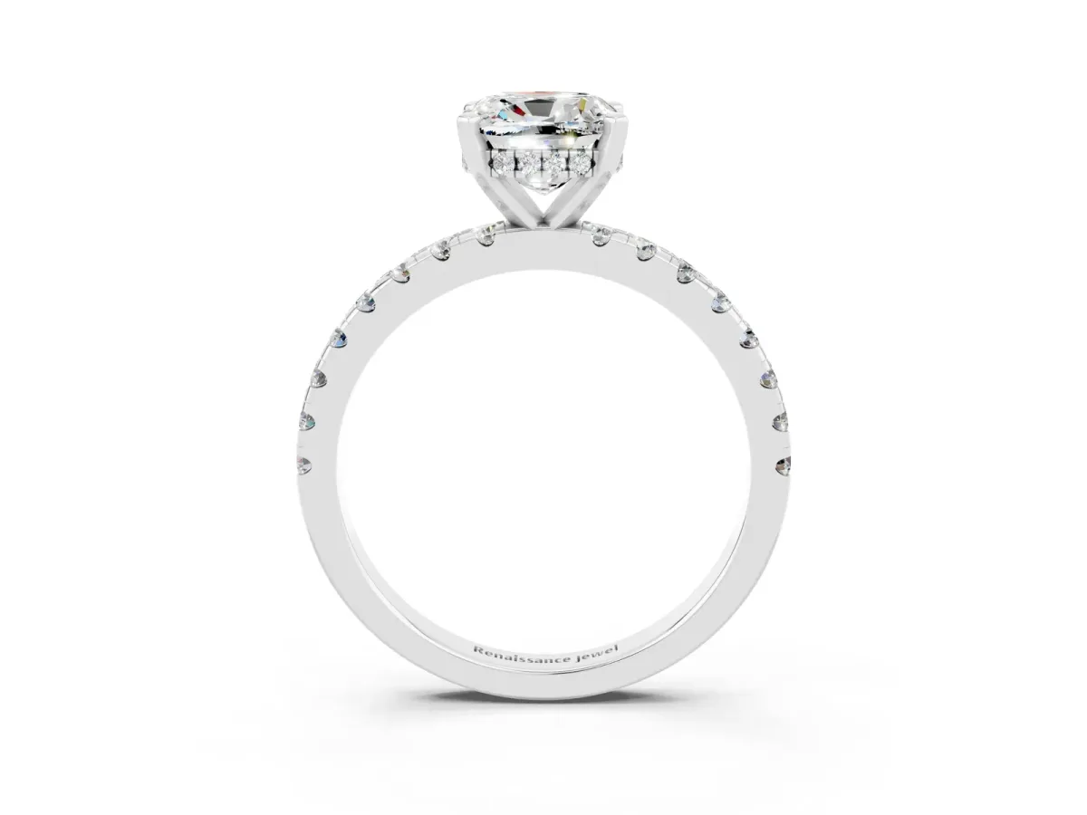 Cushion Cut Moissanite Solitaire Ring with Round Pavé Band and Four-Prong Setting Silver