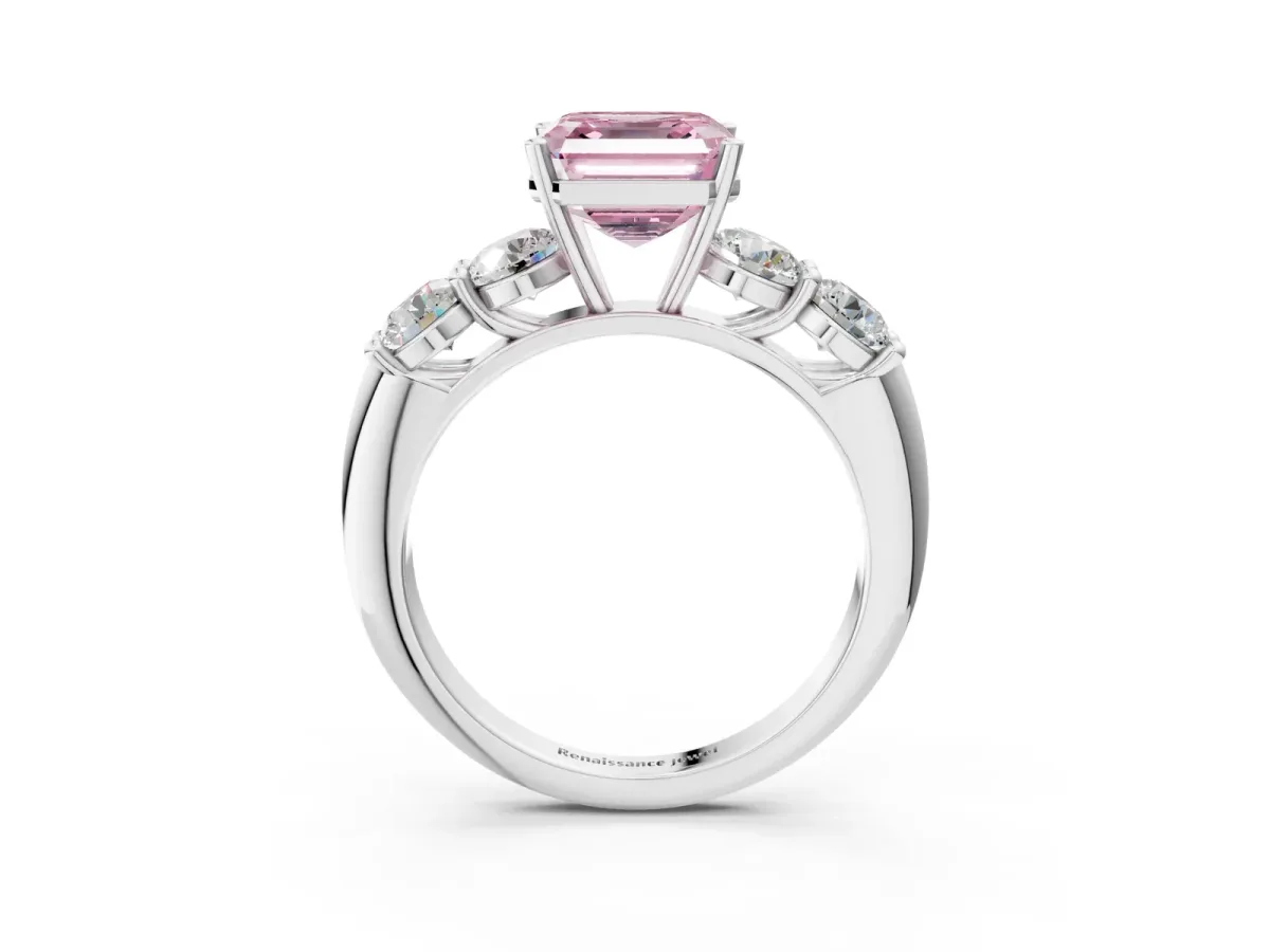Fancy Pink Asscher Cut Cut Five-Stone Prong Set Diamond Ring with Classic Band Platinum
