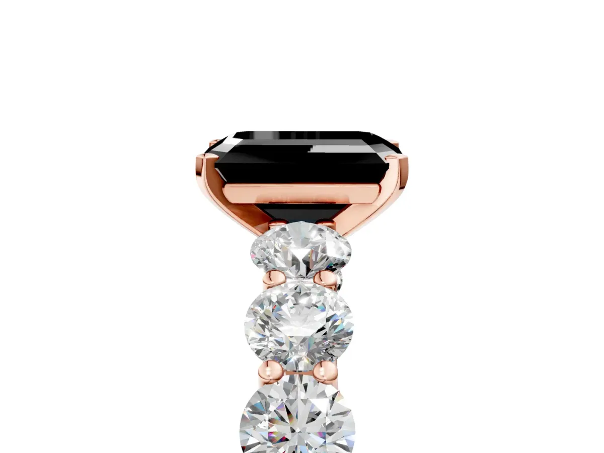 Fancy Black Emerald Cut Diamond Prong Setting with Side Stones on a Pave Band Rose gold
