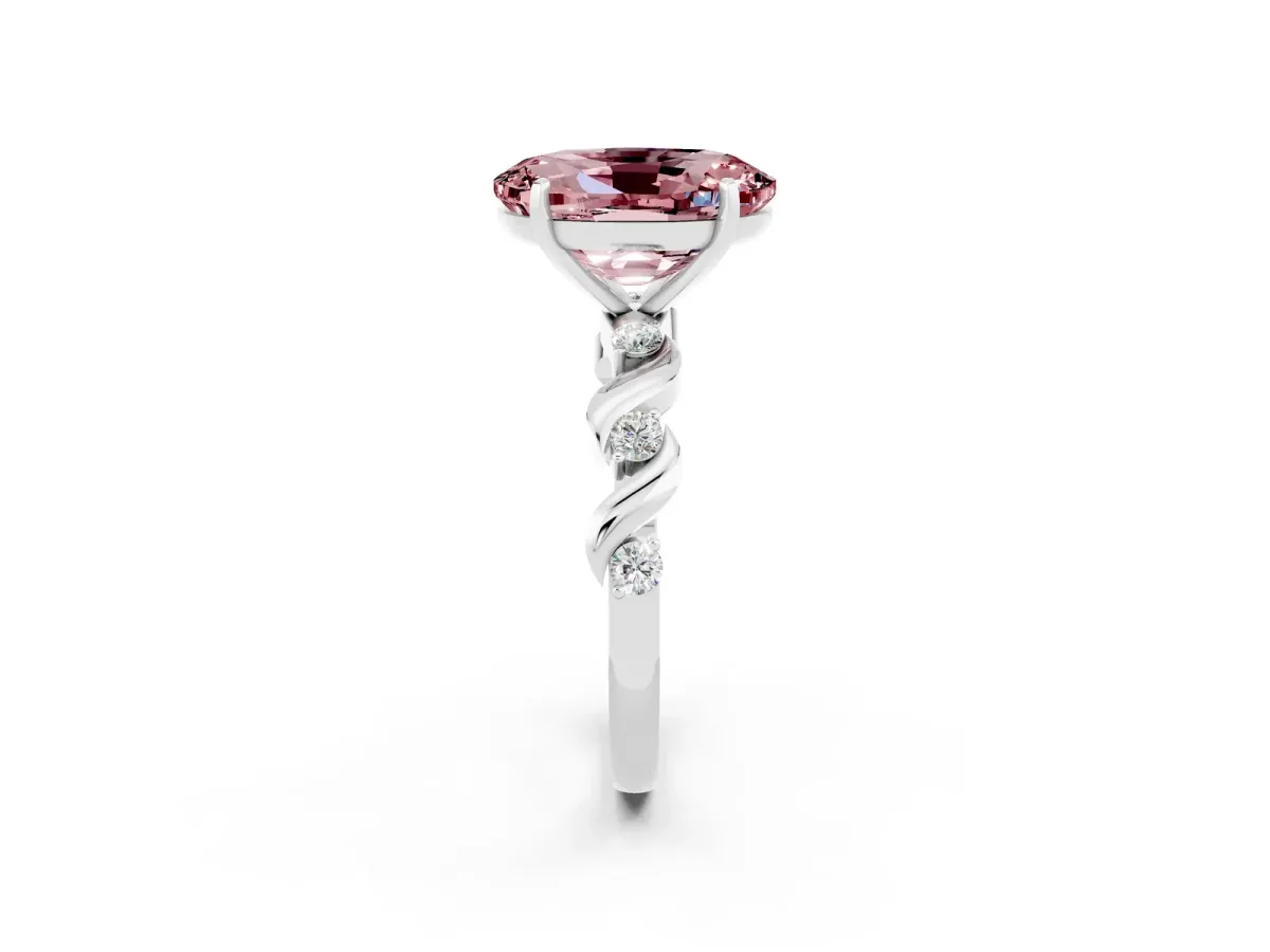 Oval Cut Morganite Solitaire Twisted Band with Round Accents and Prong Setting Silver