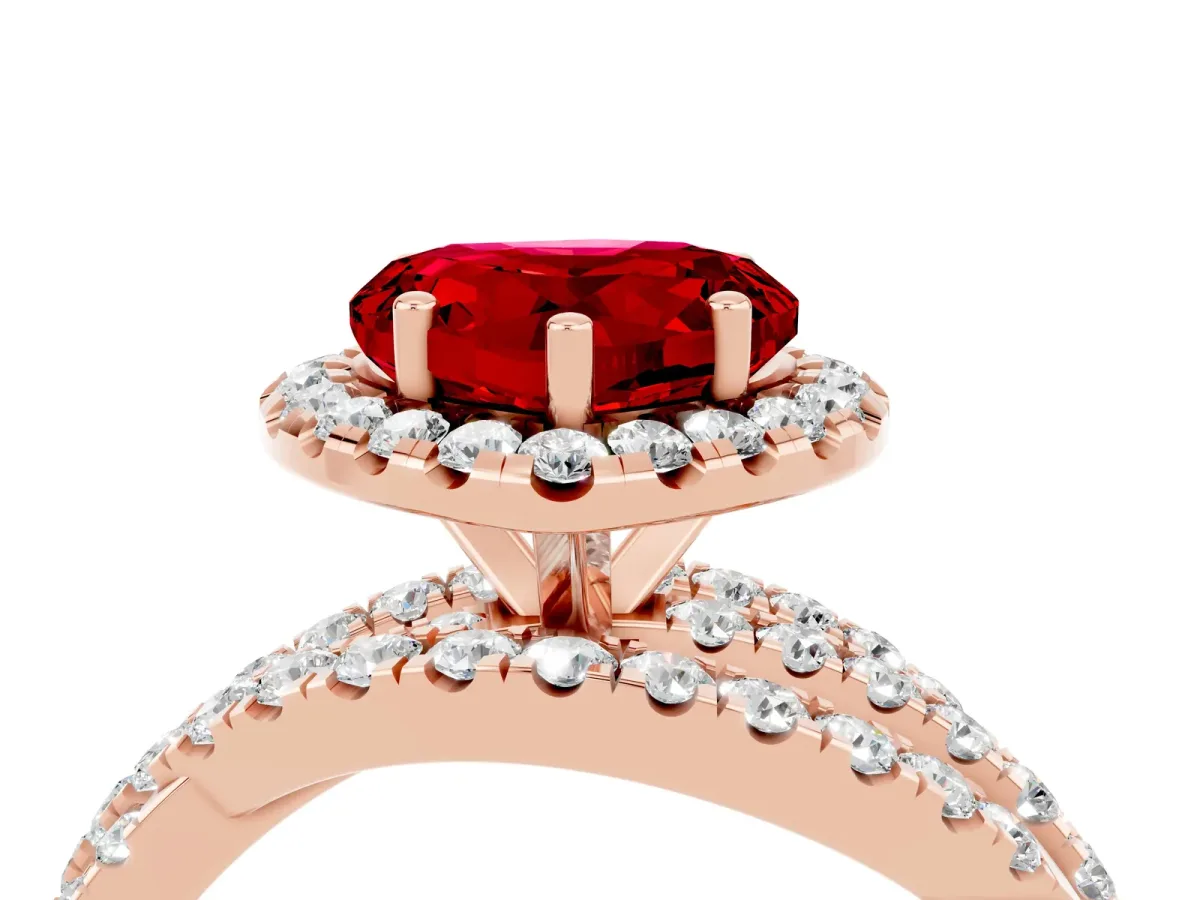Heart Cut Ruby Halo Ring with Round Split Shank and Prong Setting Rose gold