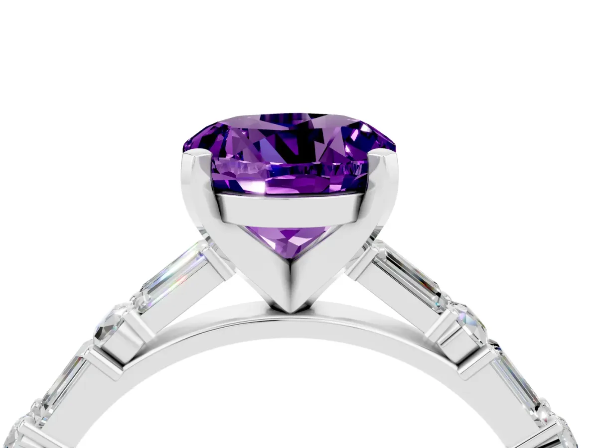 Round Cut Amethyst Solitaire with Side Baguettes and Channel Set Band Platinum