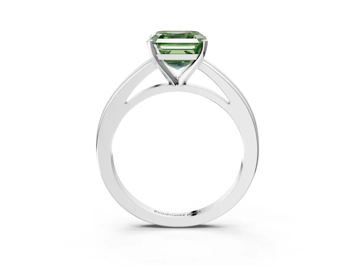 Fancy Green Asscher Cut Solitaire Diamond Ring with Four-Prong Setting and Classic Band Platinum