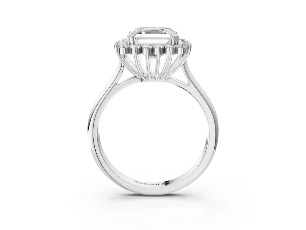 Asscher Cut Cut Diamond Halo Ring with Solitaire Band and Prong Setting Platinum