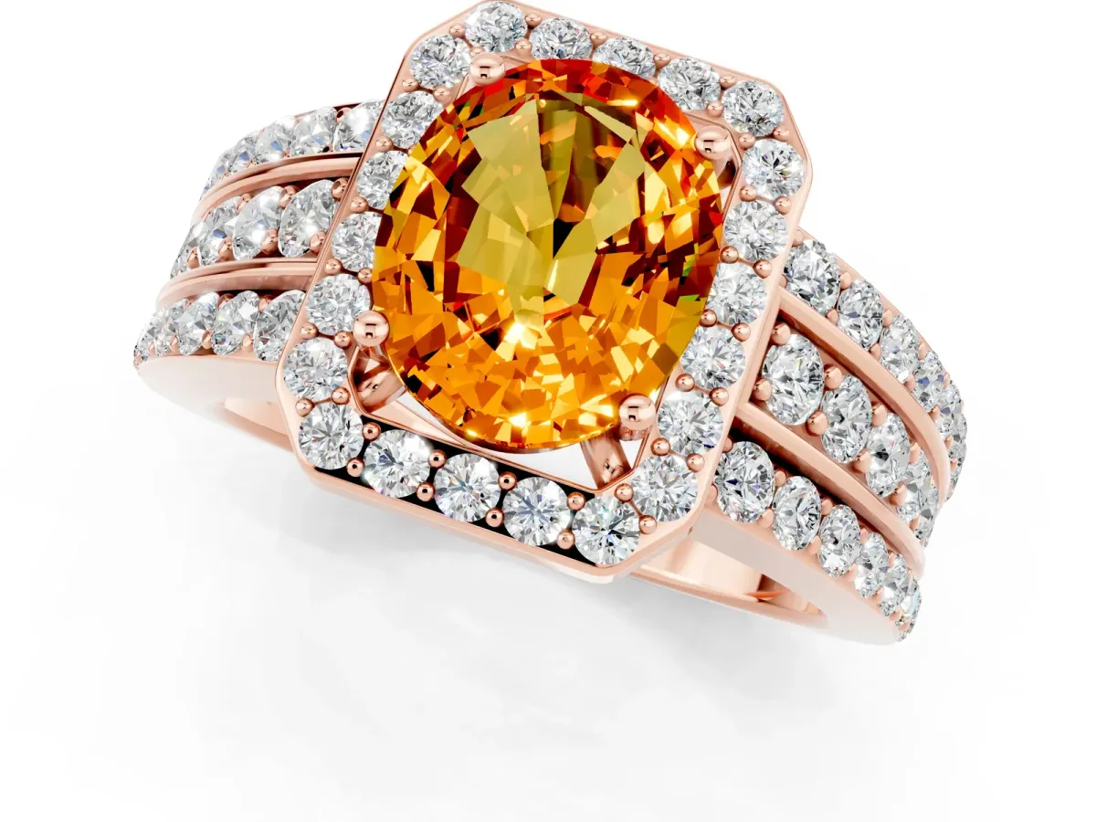 Oval Cut Halo Citrine Ring with Round Split Shank and Prong Setting Rose gold