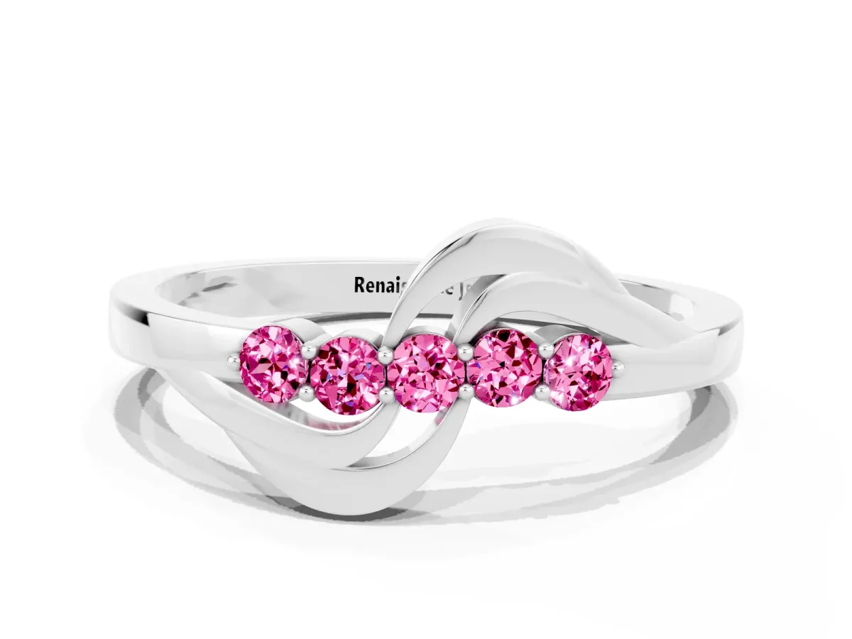 Five-Stone Round Pink Sapphire Crossover Band with Prong Setting White gold