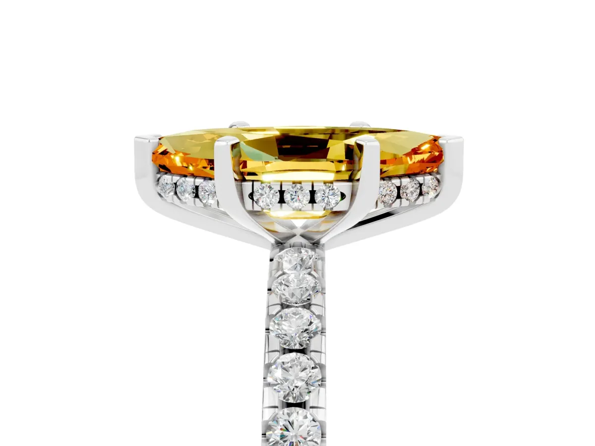 Marquise Cut Citrine Solitaire Ring with Round Pavé Band and Four-Prong Setting Silver