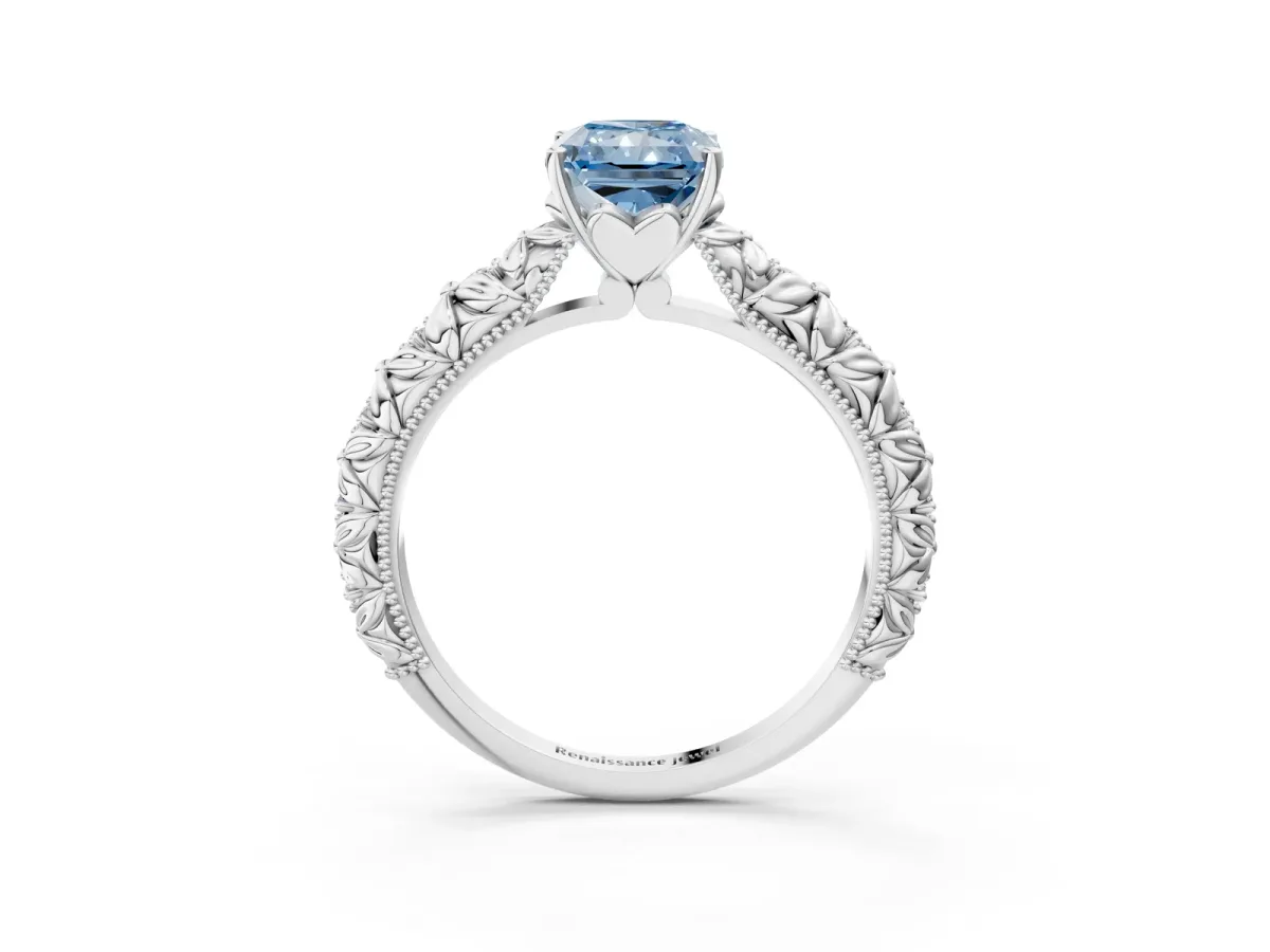 Fancy Blue Radiant Cut Solitaire Floral Milgrain Engagement Ring Platinum