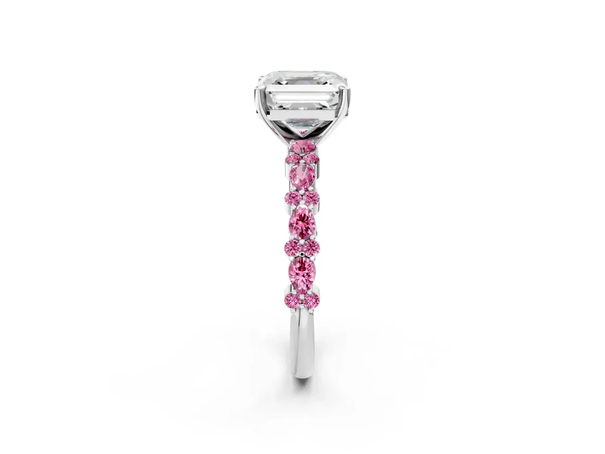 Asscher Cut Diamond Side Stone Solitaire Ring with Round Pink Sapphire and Four-Prong Setting Silver