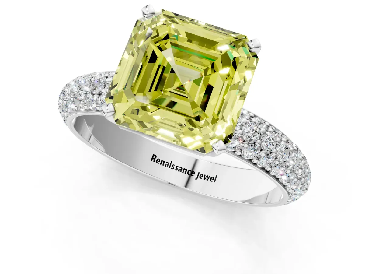 Fancy Yellow Asscher Cut Diamond Solitaire Ring with Prong Setting and Pavé Band Platinum