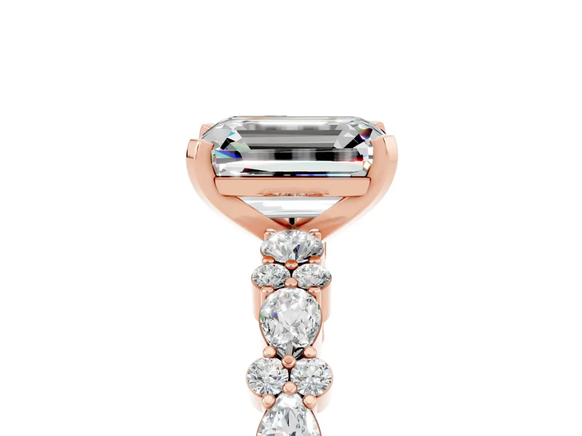 Emerald Cut Moissanite Side Stone Solitaire Ring with Round and Four-Prong Setting Rose gold