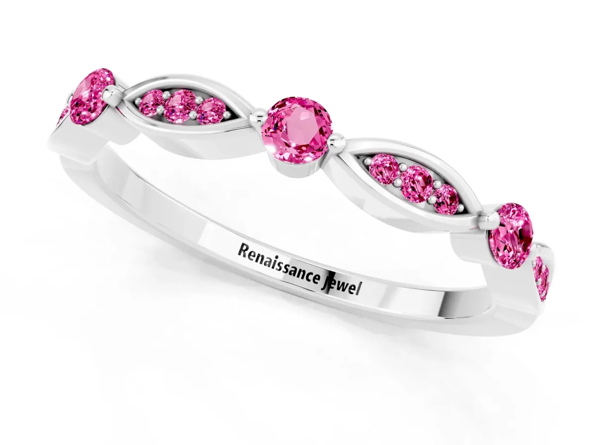 Marquise and Round Pink Sapphire Milgrain Band with Bezel Setting Silver