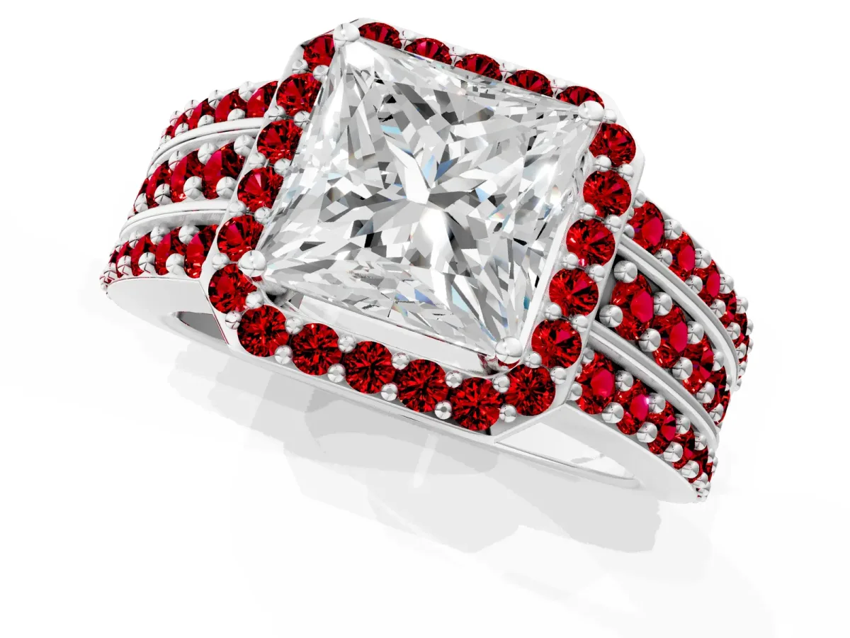 Princess Cut Halo Diamond Ring with Round Ruby Split Shank and Prong Setting Platinum