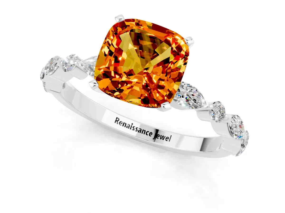 Cushion Cut Citrine Ring with Marquise and Round Side Stones and Four-Prong Setting Silver