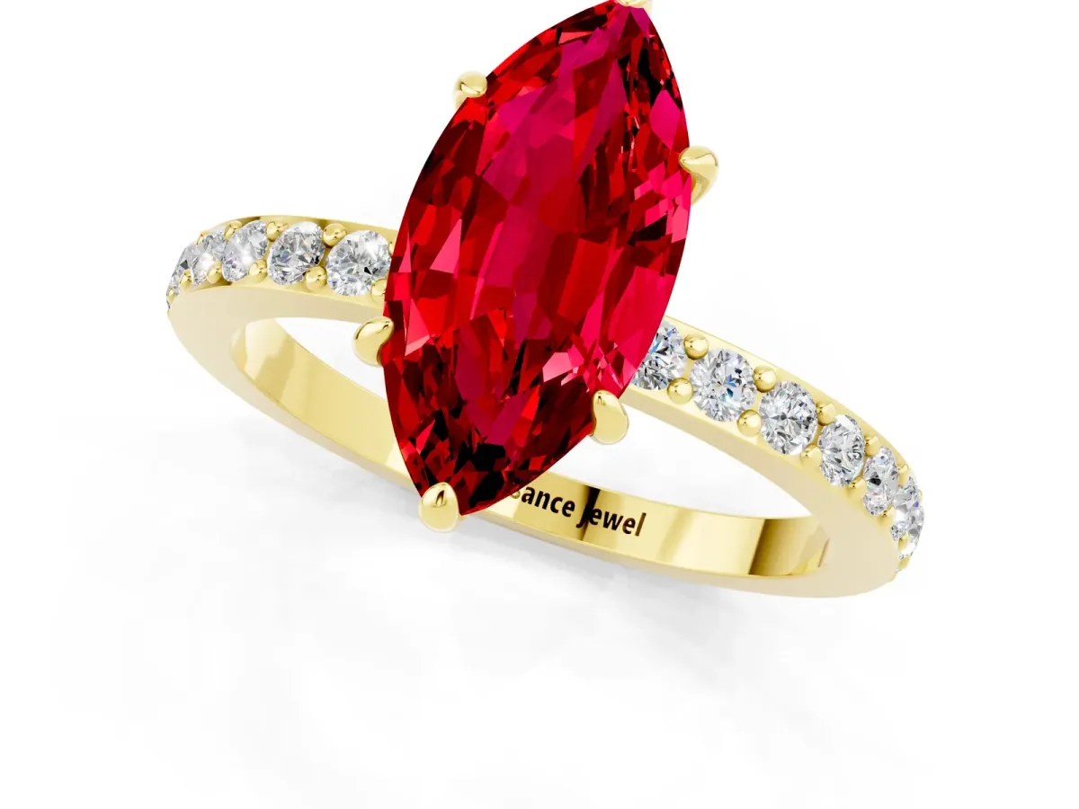 Marquise Cut Ruby Solitaire Engagement Ring with Pavé Band and Four-Prong Setting Yellow gold