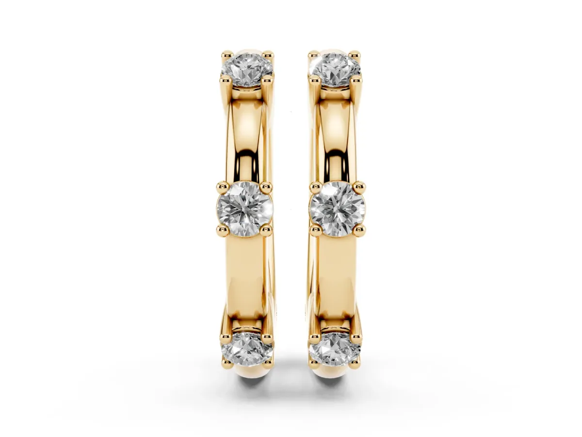 Round Diamond Station Huggie Hoop Earrings Yellow gold
